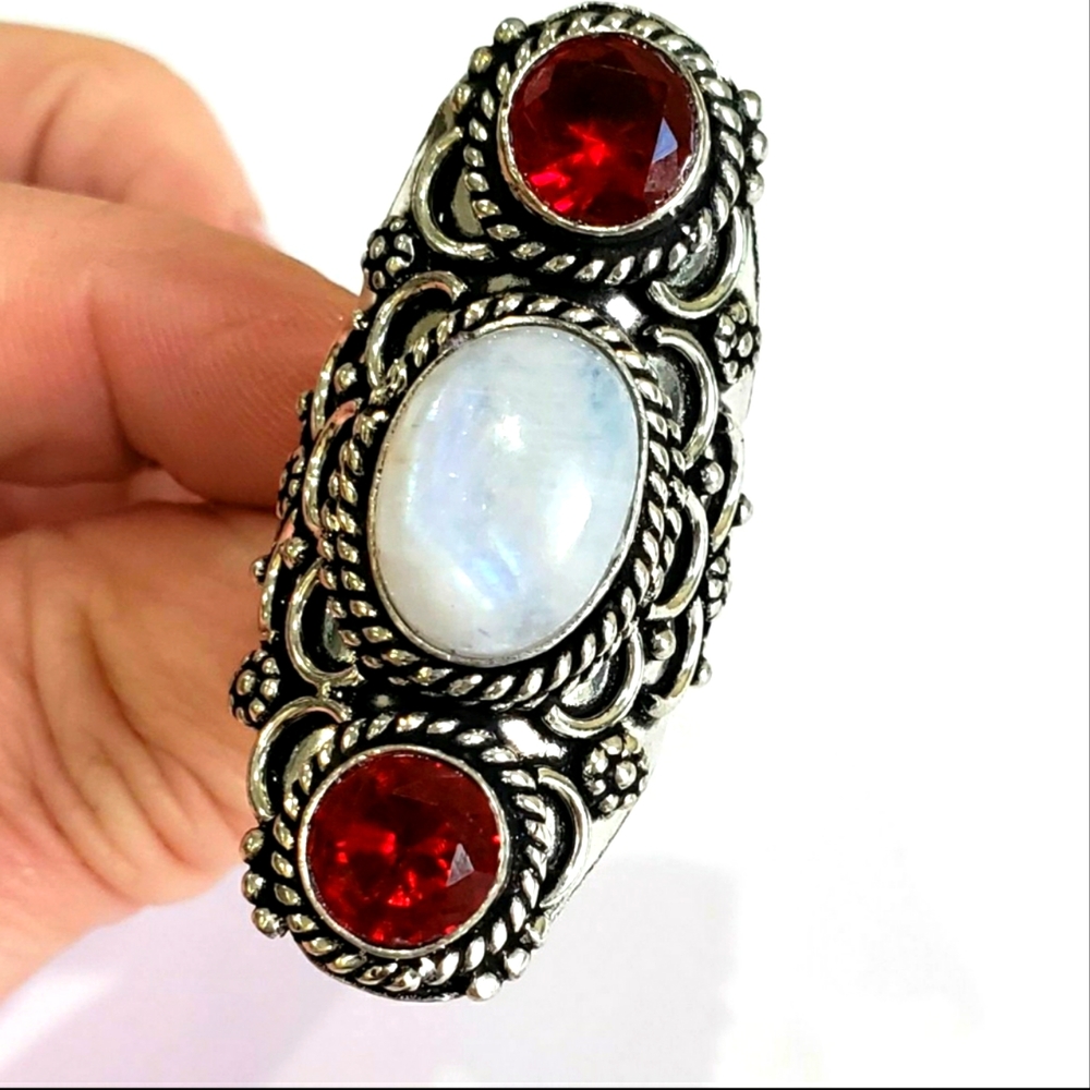 Rainbow Moonstone, Garnet Gemstone, 925 Silver Ri… - image 1
